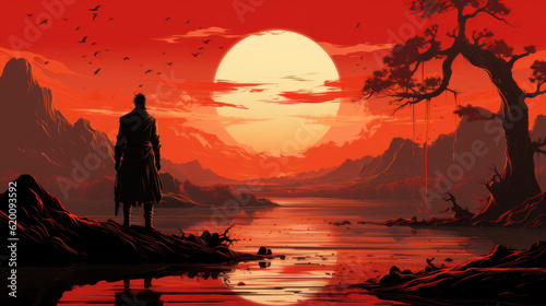 post apocalypse, samurai at sunset.