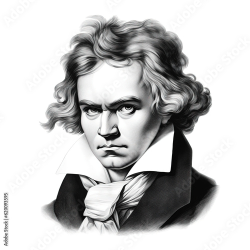 Black and white vintage engraving, headshot portrait of Ludwig van Beethoven, serious, mean, angry looking expression, facing camera, white background, greyscale - Generative AI photo