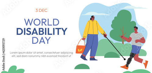 Web banner concept for World Disability day. People with Disability, International Day of Persons with Disabilities.Diversity and Inclusion. Flat vector illustration. Vector illustration
