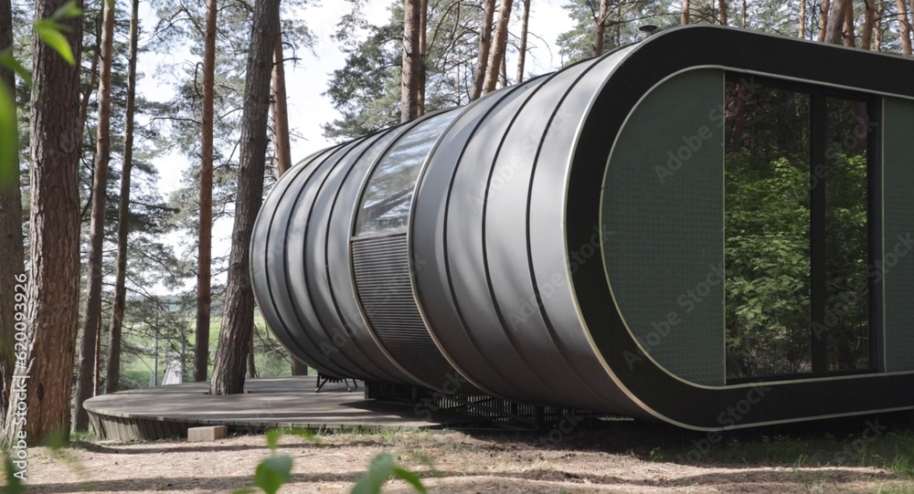 Modern oval-shaped house in the forest in the pines in summer Modern oval-shaped house in the forest in the pines in summer
