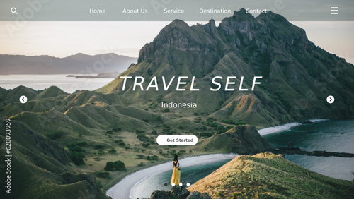 Landing page template with nature picture as background. Traveling website design.