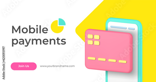 Mobile payments smartphone application e money online transaction 3d landing page realistic vector