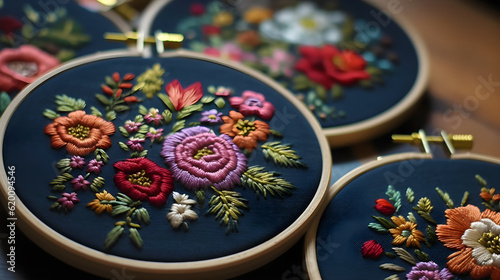 ethnic Ukrainian embroidery of flowers in satin stitch on canvas using a hoop, generative AI © Yuliia