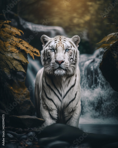 Portrait of a white tiger with colorful eyes looking towards the camera while standing in front of a waterfall in autumn generative AI.