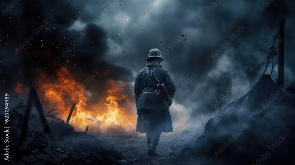 A man in a helmet and uniform in the war. Smoke and fire