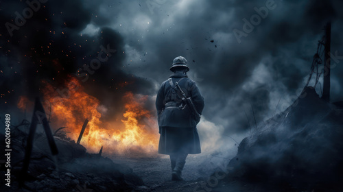 A man in a helmet and uniform in the war. Smoke and fire