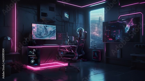 Generative Ai, a set up with multiple screens and a computer, illuminated by pink neon lights in a dark room.