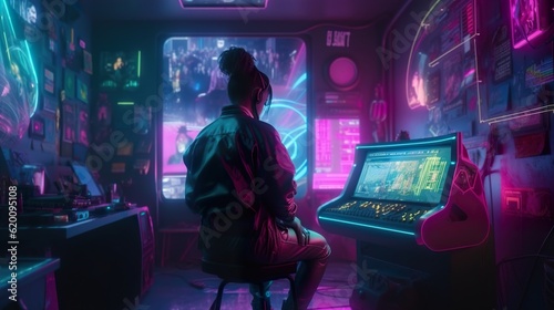 Generative AI, young woman playing video games in a room with neon light.