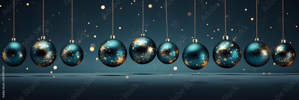 Obraz premium Luxury Christmas banner with hanging gold and green balls. Illustration AI Generative.