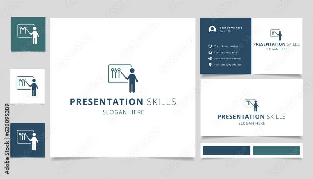 Presentation skills logo design with editable slogan. Branding book and business card template.