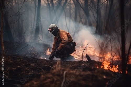 A firefighter fights against the raging inferno, preserving the beauty of the forest.