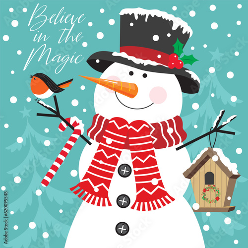 christmas card with cute snowman and robin bird