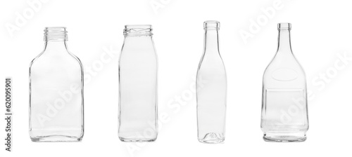 Set of empty glass bottles for drinks, isolated on white background.