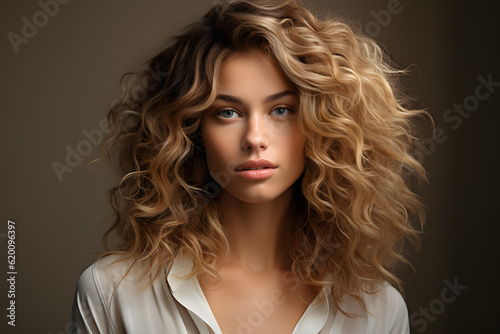 glamours lady, with curly blond hair in a photography studio with soft tones and colours