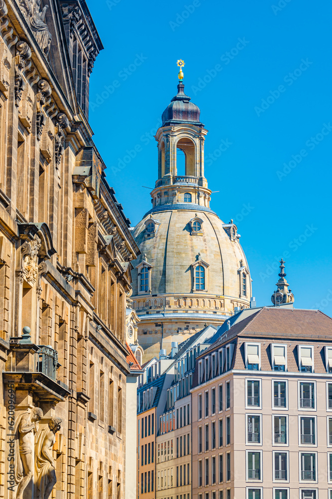 Dresden, Saxony, Germany. Famous historical downtown Augustus street with long, dramatic mural wall made of porcelain tiles depicts Saxon rulers