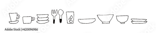 コップやお皿などの食器のゆるい手描きの線画_横長