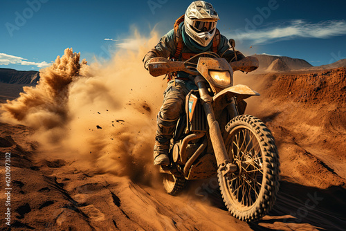 enduro motorcycles racing in a desert with dunes , ai generative