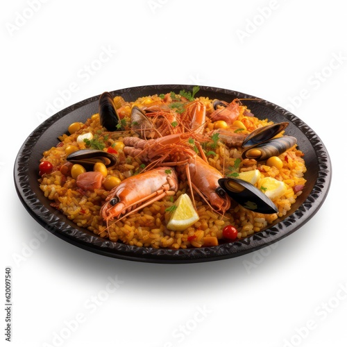 a plate of paella on white background for food photography generative ai