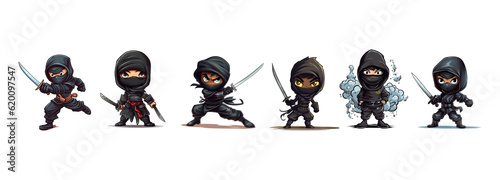 Illustration Set of black cute ninjas on transparent background for children and children's books AI
