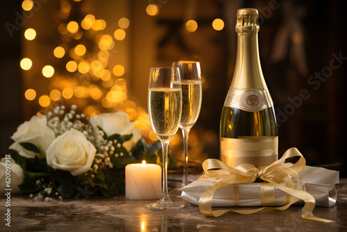 Champagne glasses and bottle with a gift and white roses on golden, sparkling, blurred backdrop. Cheers to special moments! Generative AI
