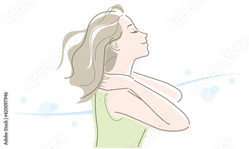 Young woman with untied hair waving in the breeze. Vector illustration in line drawing, isolated on white background.