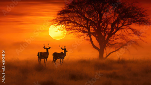 Deers and Tree in African Landscape. Generative AI © AIproduction