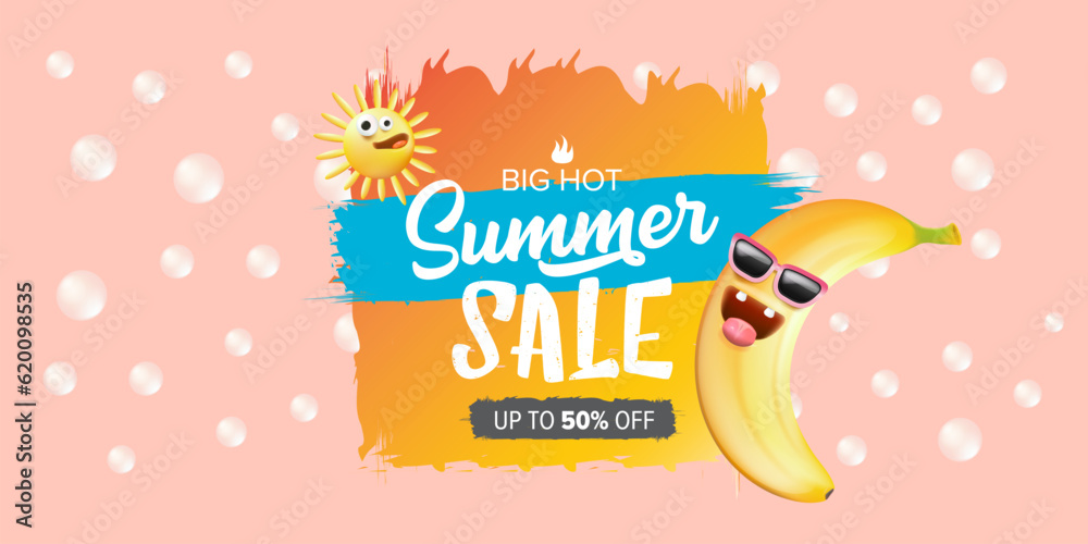 Summer sale funny horizontal banner with cartoon sun and funky banana character isolated on summer pink background. Vector 3d horizontal summer hot sale poster, flyer, banner, tag and background