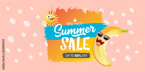 Summer sale funny horizontal banner with cartoon sun and funky banana character isolated on summer pink background. Vector 3d horizontal summer hot sale poster, flyer, banner, tag and background