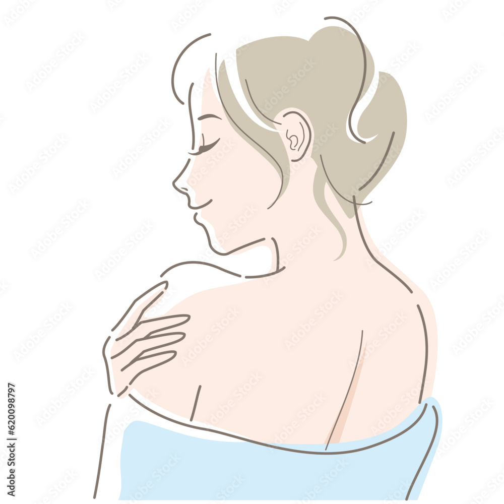 Back view of young woman with bare shoulders.  Vector illustration in line drawing, isolated on white background.
