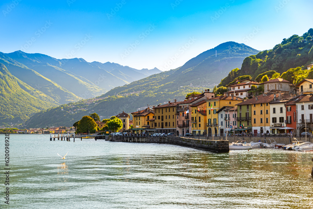 The town of Domaso, on Lake Como, on a summer day.
