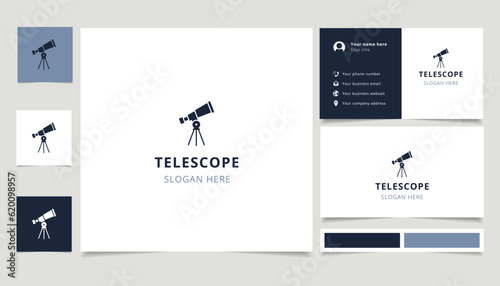 Telescope logo design with editable slogan. Branding book and business card template.