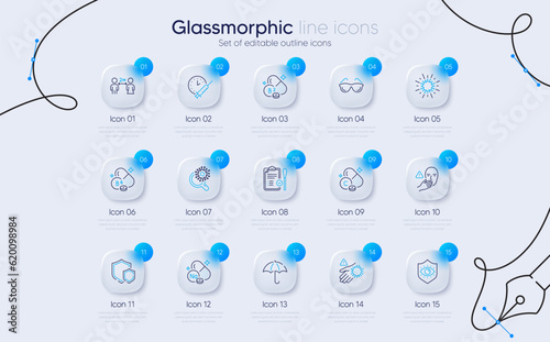 Set of Riboflavin vitamin, Coronavirus research and Vaccination schedule line icons for web app. Sodium mineral, Eye protection, Social distancing icons. Dont touch, Vitamin c, Wash hand signs. Vector