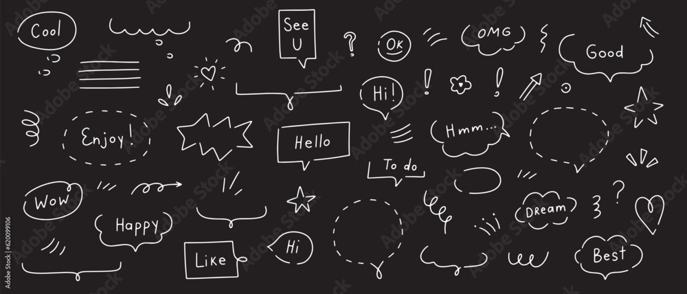 Speech bubbles, clouds and and doodle elements hand drawn set. Isolated simple vector illustration on black background. Speech bubbles, clouds and and doodle elements hand drawn set. Isolated simple vector illustration on black background.