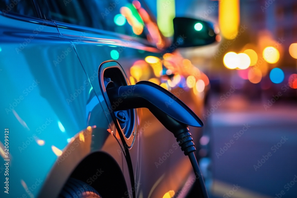 Closeup electric car, charger or city in eco friendly transport, green energy or ai generated travel Closeup electric car, charger or city in eco friendly transport, green energy or ai generated travel