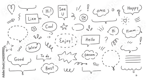 Hand drawn set speech bubbles, clouds and and doodle elements. Isolated simple vector illustration.