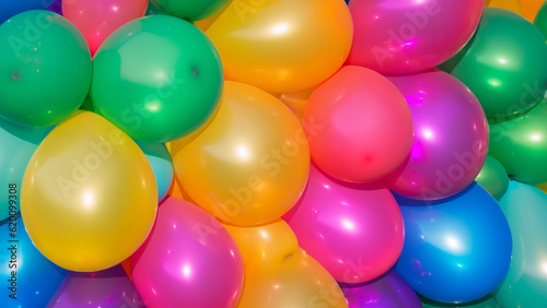 Many colorful balloons decorated wall as background