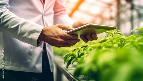 Agronomist inspecting plants with a tablet in a greenhouse. 