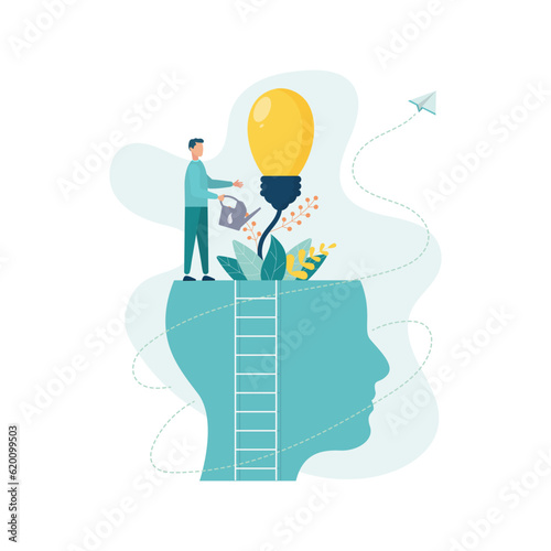 Businessman is watering this growing bulb from the brain as  metaphor for personal growth. Hatching an idea. Vector flat style illustration