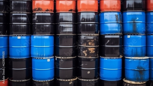 Blue oil barrels stacked, Industry oil barrels or chemical drums stacked up.