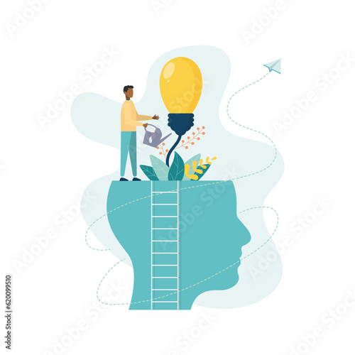 Businessman is watering this growing bulb from the brain as  metaphor for personal growth. Hatching an idea. Vector flat style illustration