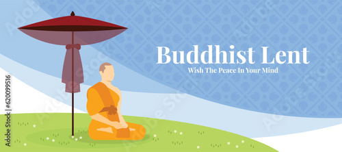 Buddhist lent day, With the peace in your mind text - the monk meditated on floor glass and monk umbrella on blue texture background vector design