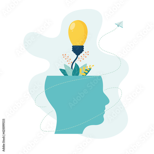  Light bulb grows out of the brain as  metaphor for nurturing an idea, caring for thoughts. Hatching an idea. Vector illustration in flat style