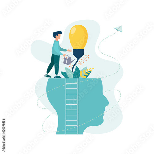 Businessman is watering this growing bulb from the brain as  metaphor for personal growth. Hatching an idea. Vector flat style illustration