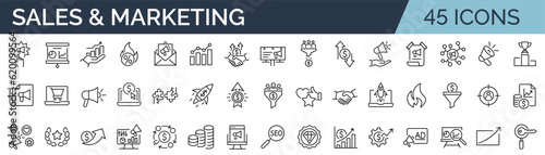 Set of 45 line icons related to sales and marketing. Outline icon collection. Editable stroke. Vector illustration photo