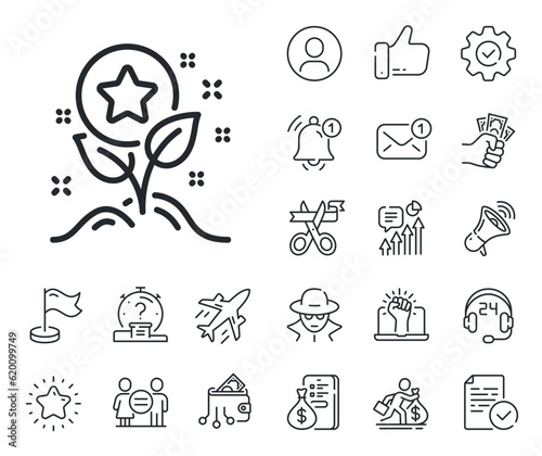 Bonus grows. Salaryman, gender equality and alert bell outline icons. Loyalty points line icon. Discount program symbol. Loyalty points line sign. Spy or profile placeholder icon. Vector