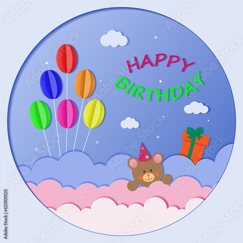 Birthday card with a cute Teddy bear, balloons and a giftbox on a blue background with clouds, vector illustration in paper cut style
