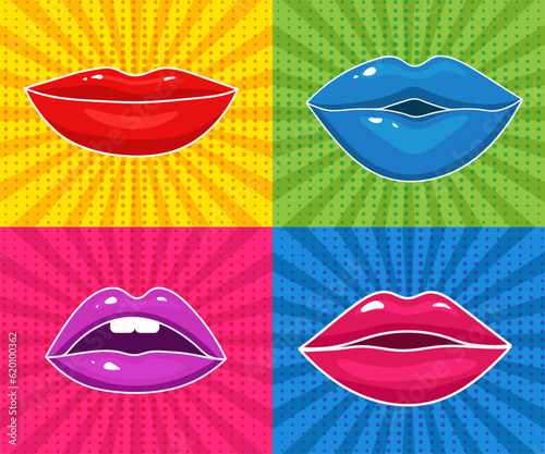 Different female lips . pop art set backgrounds. Attractive lips against the background of diverging rays. Vector