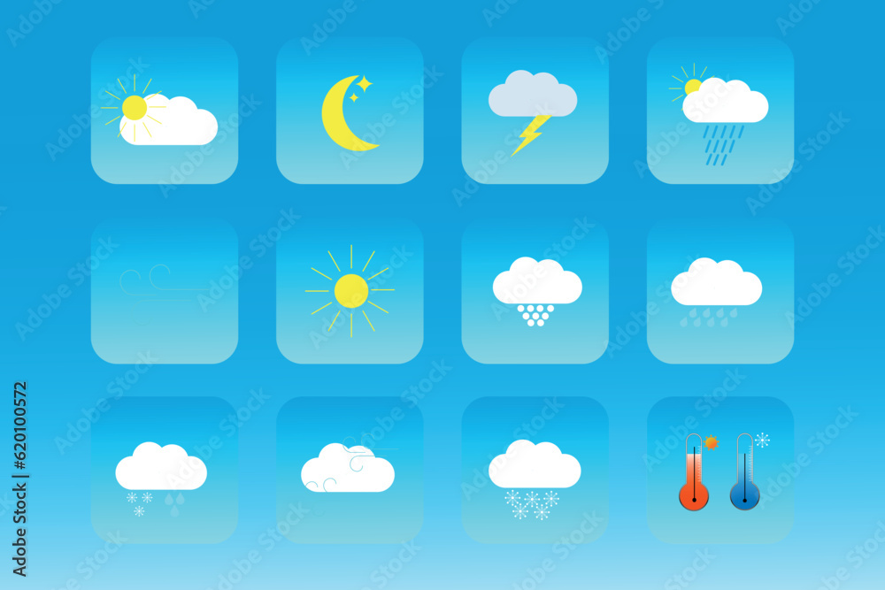 Obraz premium Weather icons pack. Colorful weather forecast design elements, perfect for mobile apps and widgets. Contains icons of the sun, clouds, snowflakes, wind, rain, temperature .