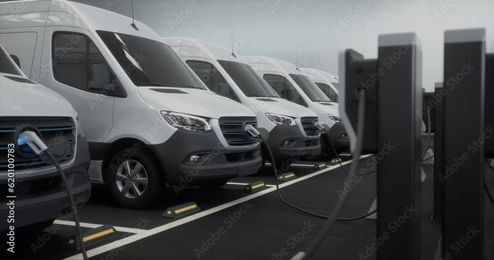 Fleet of generic electric EV delivery vans charging on charging stations