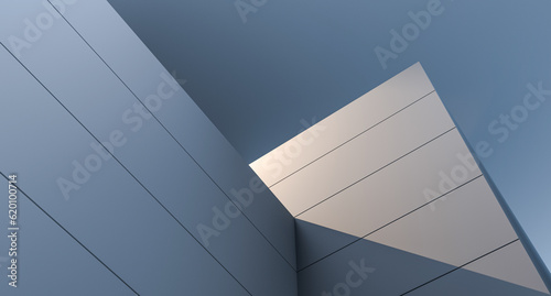 Wall design, block architecture. Structure of modern wall design at sunset, sunny orange beam. Modern building concept, structure. 3D render